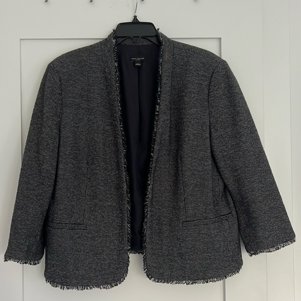 Ann Taylor Factory navy and white blazer with fringe trim, size 14